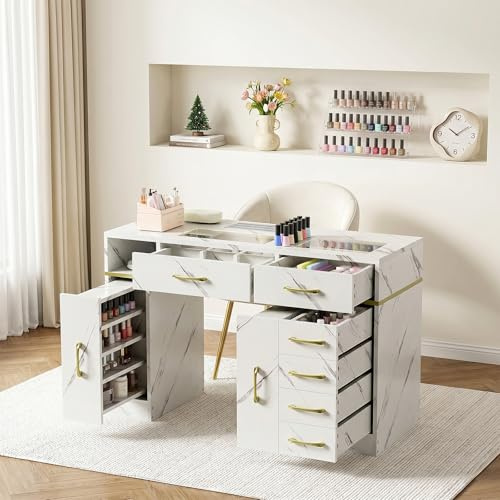 BTGGG Professional Manicure Table Salon Nail Station with Built-in Nail Dust Collector Beauty Manicure Nail Desk Manicure Station on Wheels White 115 * 45 * 75 cm