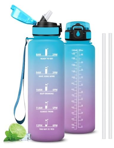 Mujigaga Botella Agua Gimnasio, Botella 1 5 litros con Pajita, con Marcador de Tiempo, Portátil Cantimplora, Diseño de Cerradura, A Prueba de Fugas Cantimplora para Gym, Colegio, Running