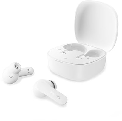 PHILIPS True Wireless-Ohrhörer TAT2100WT Bluetooth 6.0, 36 Stunden Wiedergabedauer, 4 Mikrofone, klare Anrufe, IPX4-Spritzwasserschutz, Ladeetui im Taschenformat, Weiß