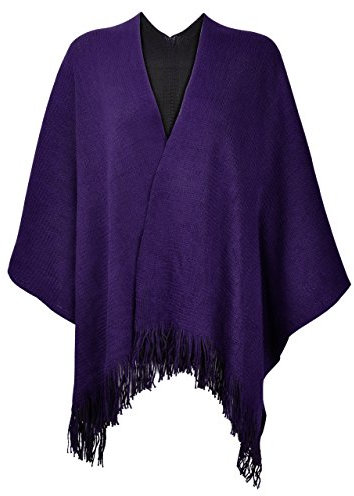 ZLYC Damen Reversible Winter-Strick Faux Cashmere Fringe Poncho Capes schal Decke wrap Sweater Cardigan Lila One Size