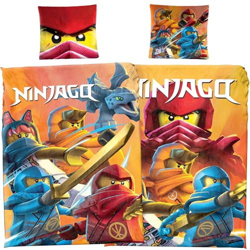 Lego Ninjago Kinder-Bettwäsche Movie Battle - 135x200 cm + 80x80 cm - 100% Baumwolle Linon - Cole - Jay - Kai - Lloyd - Zane - NYA - Misako - Sensei Wu - Renforcé - deutsche Größe - Wende-Motiv