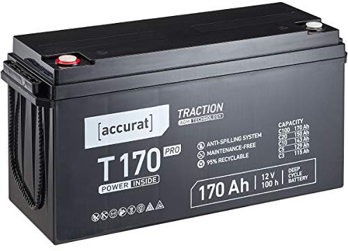 Accurat Traction T170 Pro AGM Bleiakku -12V, 170Ah, +30% Startleistung, wartungsfrei, zyklenfest -VRLA Batterie, Bootsbatterie,USV Batterie,Versorgungsbatterie, Solarbatterie,Blei Batterie für Camping