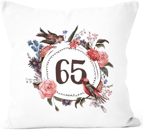 MoonWorks Kissen-Bezug Geburtstag 65 Geschenk-Kissen Blumen Blüten Blumenkranz Bordüre Kissen Weiss Unisize