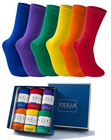 Vkele 6 Paar einfarbige Socken Geschenkpack, kariert, bunt, punkte, gestreift, Business Herrensocken, Crew Socken, Baumwolle, Gr. 39-46, 43-46, Bunt Ⅰ