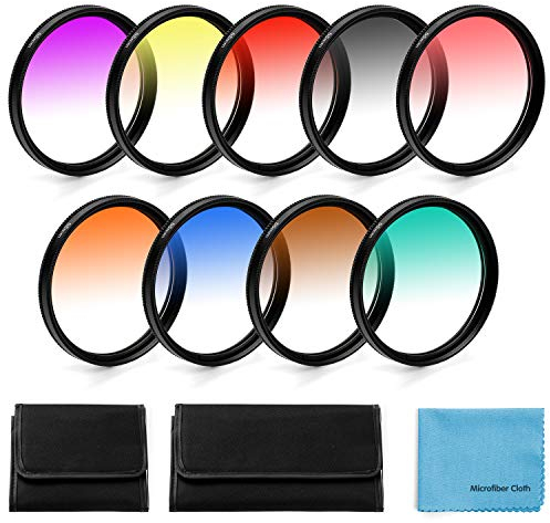 Fotover Lot de 9 filtres colorés gradués pour Appareil Photo Reflex numérique Canon, Nikon, Sony, Pentax, Olympus, Fuji 67 mm + Pochette de Filtre d'objectif + Chiffon de Nettoyage