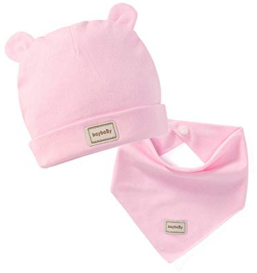 puran Baby-Mütze, 2 Stück/Set für Neugeborene, weiche Mütze, Mütze mit Ohren, Dreieckstuch, Schal, Lätzchen – rosa kleiner Bär
