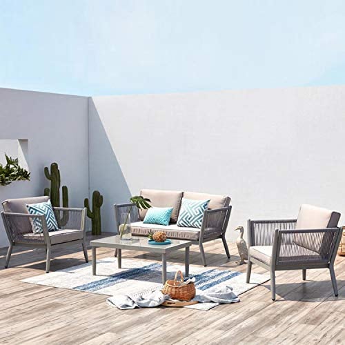 CONCEPT USINE | Salon de Jardin Alu et Corde 4 Places | Design ANAHMA Ecru/Gris Clair | Léger et Robuste | Plateau de Table en Verre Trempé | Tendance et Moderne | Résistant Face aux Intempéries