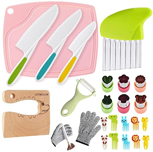 Kids Cooking Set - 24 Piece Wooden Kids Kitchen Knives, Kids Knife Set with Wooden Knife, Vegetable Cookie Cutters, Plastic Toddler Knife, Crinkle Cutter, Y Peeler, Chopping Board (Crocodile)