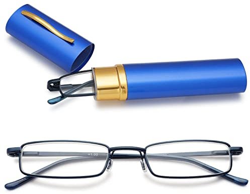 MAGIMODAC Herren Damen Lesebrille Anti Blaulicht Brille mit sehstärke Blaulichtfilter Metall Lesehilfe schmale Lesebrillen mit Stiftetui (2.0, Blau)