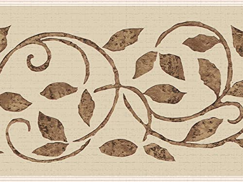 Dundee Deco DDAZBD9334 Peel and Stick Wallpaper Border - Damask Cream Brown Vines Wall Border Retro Design, 15 ft x 7 in (4.57m x 17.78cm), Self Adhesive