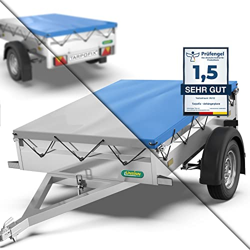 Tarpofix® Anhänger Plane 217 x 117 cm inkl. Planenseil | Anhängerplane Flachplane aus PVC PLANENMATERIAL | Verstärkte Unsinn Anhänger Plane für 750kg PKW Hänger | Abdeckplane Anhänger Abdeckung | Grau