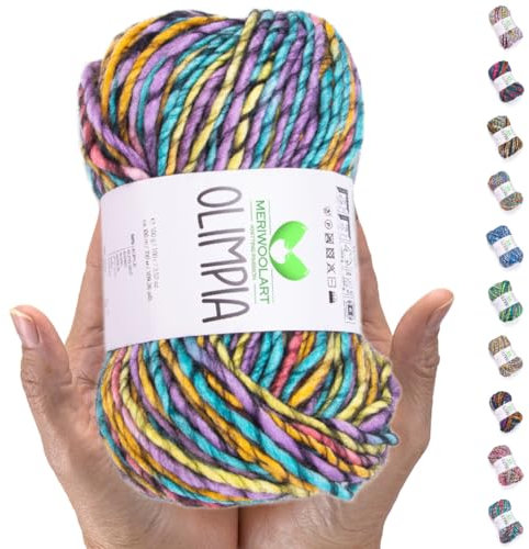 MeriWoolArt Merino Wolle zum Stricken – 100 m Mehrfarbige Dicke Weiche Merinowolle zum Stricken für Pullover Jacken – XXL Handstrickwolle – Voluminöse DIY Wolle für Schals Decken Tücher Geschenke