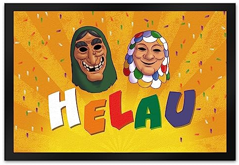 speecheese Helau Mainzer Fasching Fußmatte XL in 40x60 cm mit Kostümmasken um Jecken und Narren zu Karneval und Fasching zu begrüßen und die fünfte Jahreszeit einzuläuten