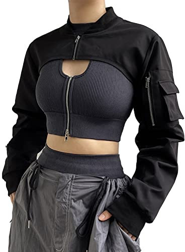 Ypser Reflective Rave Top Crop Top Shrug Techwear Shirt Rave Outfits For Women Black