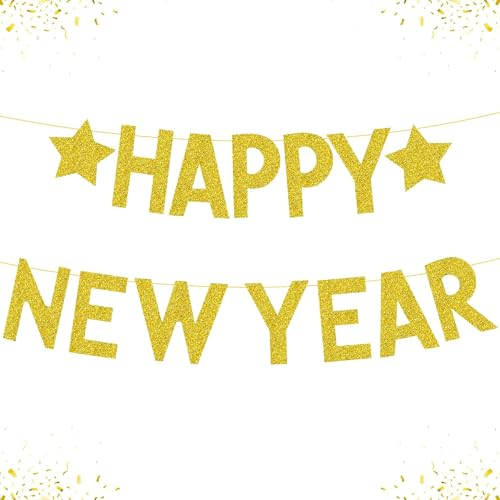 ALEGRE® Silvester Deko 2025 Girlande, Happy New Year Deko, Gold Glitzer Neujahrsdeko Banner, Neujahr Silvesterdeko für Dekoration