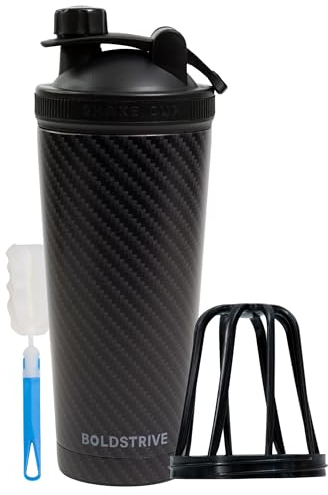 Black Carbon Fiber Stainless Steel Shaker Bottle For Protein - Gym Water Bottle & Mixer Bottle - 24 Oz, Internal Measure, Rubber Bottom, and Brush - Leak Proof & BPA Free Metal Blender Bottle
