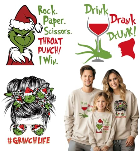 Christmas Grinchs Bügelbilder Weihnachten Wärmetransfers Vinyl Cartoon Weihnachten Grün Monster HTV Bügelpapier für T-Shirt Kleidung Hut Kissen Rucksack DIY Bastelbedarf (gch1)