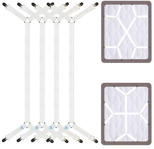 FIBOOMERANG Bed Sheet Clips - Crisscross Fitted Sheet Straps for Bedding, Sheet Grippers and Sheet Holder Elastic Bands Bedsheet Suspenders Fasteners, 4Pcs/Set White