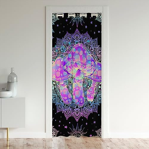 Homewish Rideau Occultant Champignon 132x203 cm, Rideau de Porte Bohème Mandala pour Chambre d'enfant, Rideau de Porte Psychédélique Étoile Soleil Lune, Rideau de Placard Violet Sarcelle