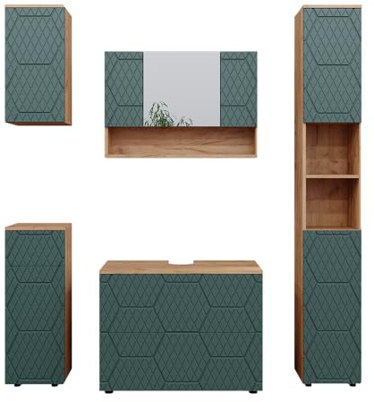 Vicco Badmöbel-Set Irma, Grün/Goldkraft Eiche, 80 cm | besteht aus Waschbeckenunterschrank, Spiegelschrank, Hochschrank, Midischrank und Hängeschrank