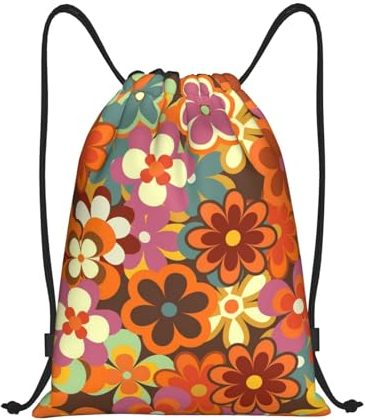 Rucksack mit Kordelzug, Unisex-Strangtasche, Sport-Turnbeutel, lässiger Tagesrucksack, Kordelzug-Sackpack,Buntes Blumenmuster im Retro-Stil der 70er Jahre