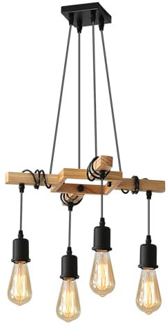 Toolight Pendelleuchte Holz E27, 4 Flammige Hängelampe aus Holz und Metall, Vintage Industrial Deckenlampe Kronleuchter max 60W für Wohnzimmer Esszimmer Restaurant Küche(ohne Glühbirne)