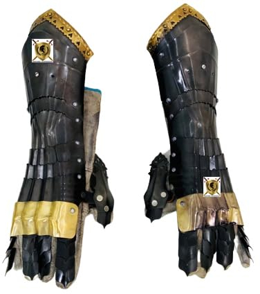 HISTORIC HANDICRAFT Mittelalterliche Ritterhandschuhe SCA LARP Antik Schwarz & Messing-Finish Herren Handschuhe Handbekleidung Funktionshandschuhe für Weihnachten, Halloween, Schwarz / Messing,