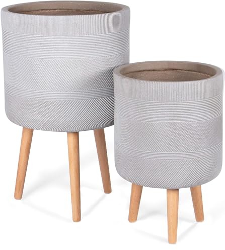 NATINDESIGN Blumentopf mit Beinen 2er Set Ø 33,5 & 27cm XL Blumentopf Grau Gross für In- und Outdoor Palmentopf XXL Übertopf Holz Fuesse Pflanzkübel Groß Außen & Innen (2er Set)