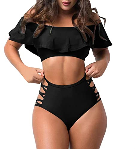 KBOPLEMQ Women's Bikini Set Push Up Bikini Large Sizes Tummy Control Bikini Set Two Piece Swimwear Ruffle Swimsuit High Waist Ruffle Sleeves Two Piece Off Shoulder Top Swimsuit