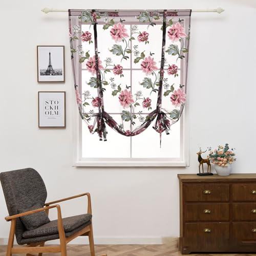 Raffrollo Mit Schlaufen Raffgardinen Gardinen, Küche Bindegardine Scheibengardine, Voile Transparentes Bändchenrollo, Für Schlafzimmer, Badezimmer, Küche，1er Pack (BxH 100x140cm,Violette Pfingstrose)