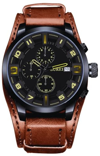 BUREI Uhren Herren Sport Chronographen Armbanduhr Herren 30M Wasserdicht Quarz Herrenuhr für Manner mit Lederarmband (Braun)