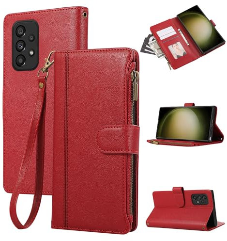 Rosbtib Custodia per Samsung Galaxy A53 5G Custodia in Pelle Chiusura Magnetica a Zip Cover Portafoglio con 4 Slot per Schede Funzione Stand Retro Galaxy A53 5G Cover, Rosso
