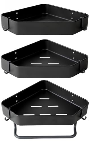 LONENESSL Bathroom Shower Caddy, Corner Organiser Shelves, 3PCS Adhesive Wall Mount Storage With 6 Hooks, Corner Shelf Organise Rack for Bathroom