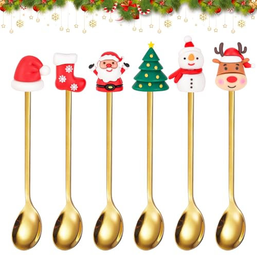 HOWAF 6 Piezas Cucharillas Cafe Navidad, Cucharillas Cafe, Cucharas de Postre Navidad, Cucharas de Postre, Cubiertos de Navidad, Cubiertos Navidad Regalos para Navidad, Oro