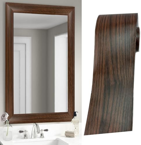 11 yardas, borde marrón oscuro para despegar y pegar, borde de papel pintado de grano de nogal, extraíble, impermeable, marco de espejo de baño adhesivo