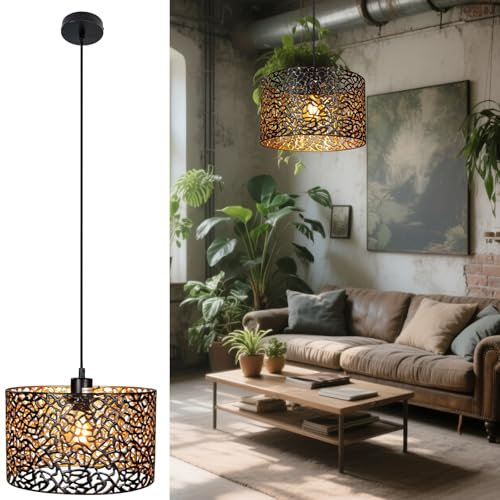 Osasy Luxus Pendelleuchte Vintage Schwarz - Metal Lampenschirm Hängelampe & Deckenlampe Hängend für Küche/Wohnzimmer | Gold-Akzente Retro-Chic，ohne Glühlampe