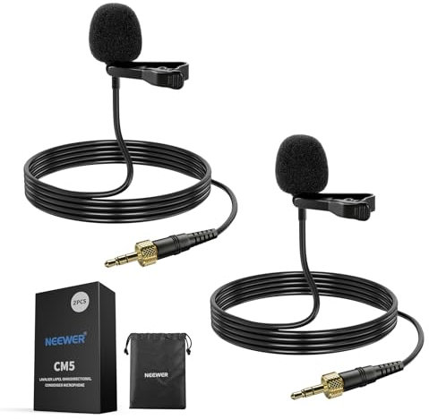 NEEWER Microfono Lavalier a Bavero, 2pz Mic Lav Omnidirezionale Condensatore Cablato con Clip Compatibile con Rode Wireless GO II DJI Wireless Mic Trasmettitore per Palco YouTube Video Stream Live,CM5