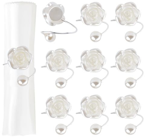 URROMA 10 Stück künstliche Perlen Rosen, Serviettenringe, Metall, silberfarben, Serviettenhalter, Serviettenringe, für Hochzeit, Weihnachten, Party, Abendessen, Tischdekoration
