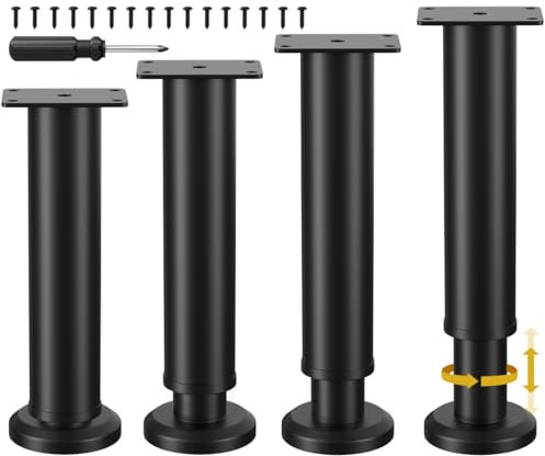 TELANKS Lot de 4 pieds de meubles réglables en hauteur améliorés - 25 à 43 cm - En métal noir - Pieds de rechange pour canapé, armoire, canapé, commode, table, lit