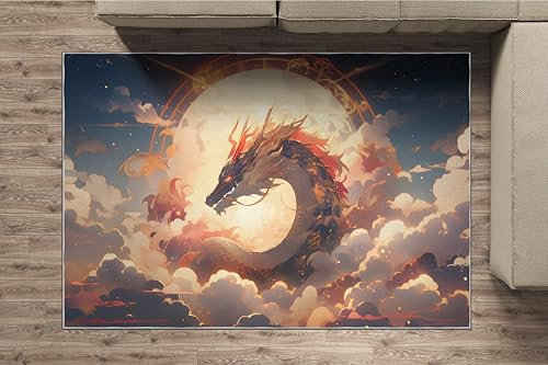 dyausi Drachen Teppich 120 x 170 cm, Waschbarer Teppich Wohnzimmer Kurzflor, Sonne Wolken Anime, Rutschfester Teppich für Esszimmer, Kinderzimmer, Büro, Schlafzimmer, Bunt