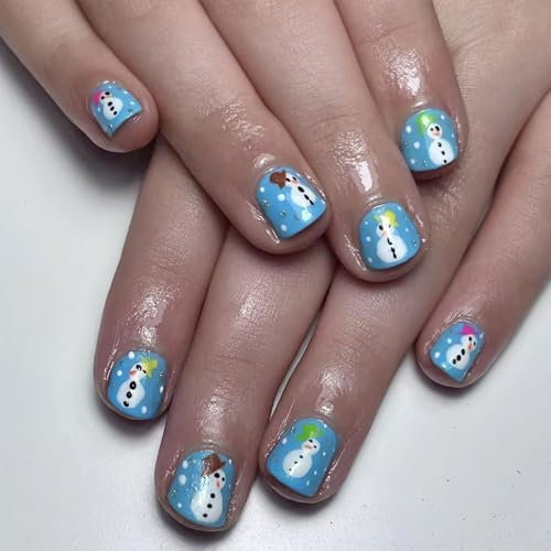 24 Stück Blaue Weihnachts Vollabdeckungen Künstliche Nägel Winter Kunstnägel Schneemann Nägel Zum Aufdrücken Kurze Quadratische Nägel Zum Aufkleben