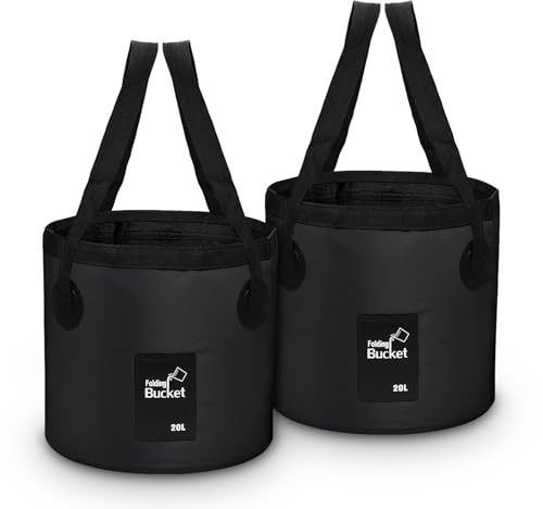 2 Pack Handy Folding Bucket 20L, Portable Collapsible Bucket for Plumbing, Camping, Cleaning, Traveling, Hiking, Fishing (Black 2 Pack, 20L)