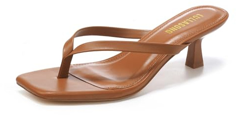 LULLASONG Women's Brown Kitten Heels Thong Sandals Square Open Toe Flip Flop Heels 1.8-2 Inch Heeled Sandals for Women