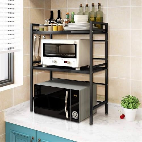 Supporto da forno a microonde a 3 livelli, allungabile e regolabile in altezza, scaffale portaoggetti da cucina, forno a microonde in acciaio al carbonio, con 4 ganci (nero-3 strati, 40-64 x 36,5 x 78