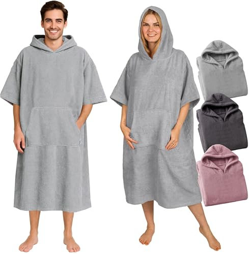 CalmyBEACH Frottee Badeponcho Damen Herren - Strandponcho 100% Baumwolle Surf Poncho Erwachsene Handtuch Kapuze Bade Surfponcho Bademantel (Grau, L/XL)