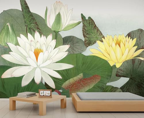 Water Lily Pads Wallpaper Beautiful Aquatic Plants Botanical Wallpaper for Girls Bedroom White and Yellow Water Lilies Wall Murals for Living Room Nature Office Wall Paper Living Room Mural Poster