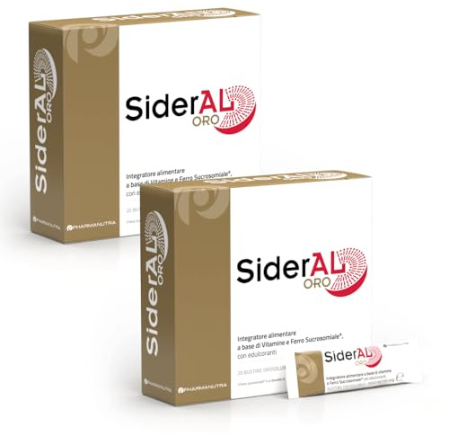 SiderAL ORO integratore alimentare di Ferro Sucrosomiale® (14 mg), Alto assorbimento e Tollerabilità, NO Glutine - Lattosio, NO gusto metallico, Riduce stanchezza, 20 + 20 Bustine orosolubili