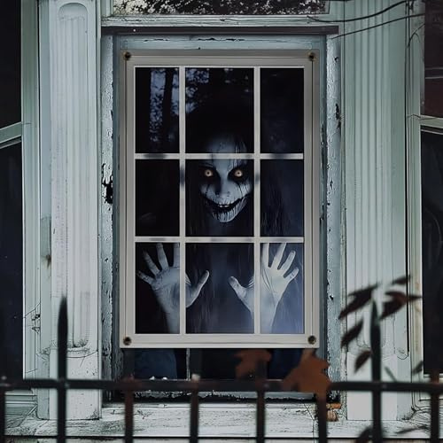 Halloween Deko Gruselig Fensterbilder, Halloween Deko Fenster Vorhang, große gruselige Fensterfolie, Helloween Draußen Fensterdeko Türdeko Horror Party Decorations Zubehör (A)
