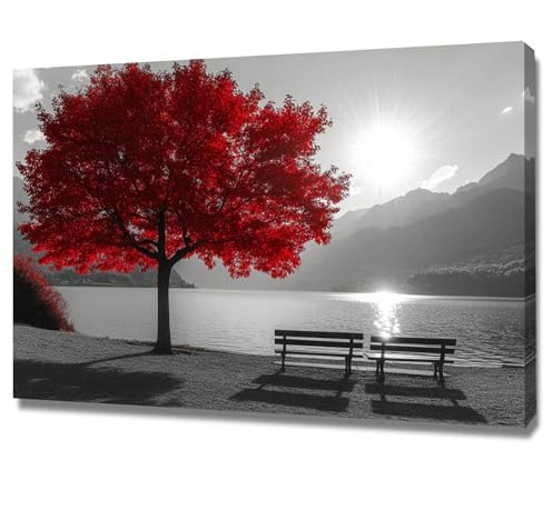 AIHNBF Quadro su tela con albero rosso, nero, bianco e nero, paesaggio, moderno, panorama di montagna, per soggiorno, camera da letto, ufficio, 80 x 120 cm