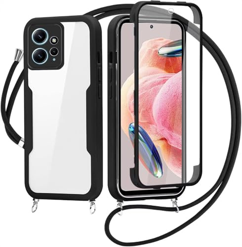 FERLAN Coque avec Cordon pour Xiaomi Redmi Note 12 4G, Collier Ajustable,Coque Antichoc Housse avec Protection écran, 360° Protection Case Robuste Double Bumper Etui Intégrale (Noir)